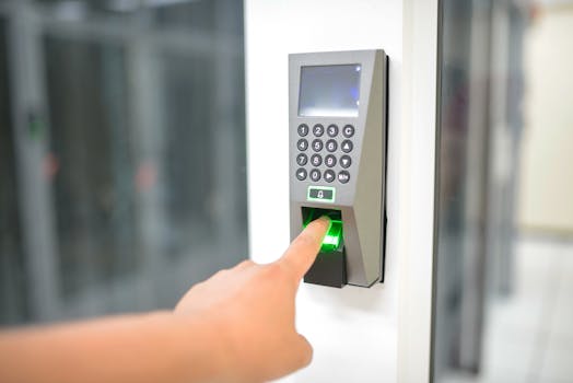 A person uses a fingerprint scanner for secure entry in a business setting.